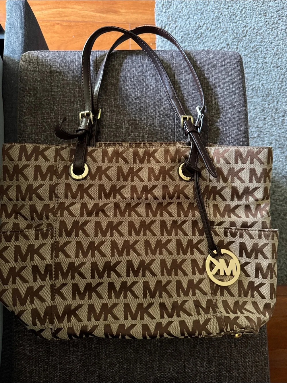 Michael Kors Brown/Beige MK Monogram Tote with Gold Charm